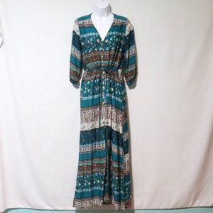 Vintage F H boho floral maxi tie waist dress M